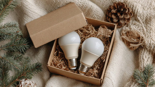 Eco friendly energy saving light bulbs packaged as Christmas gifts nestled in natural materials and festive decor