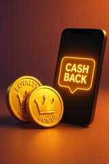 Digital Cashback and Reward: A digital rendering illuminates the concept of cashback, showcasing gold coins next to a smartphone displaying a cashback notification. Perfect for marketing, finance.