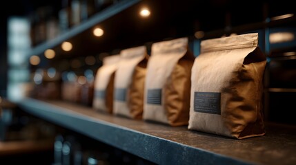 A row of brown paper coffee bags with labels displayed on a retail shelf under warm lighting