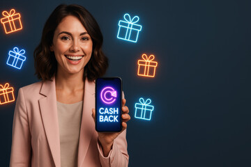 Smiling Woman with Cashback: A radiant woman joyfully presents a mobile phone displaying the concept of cashback surrounded by illuminated gift icons.
