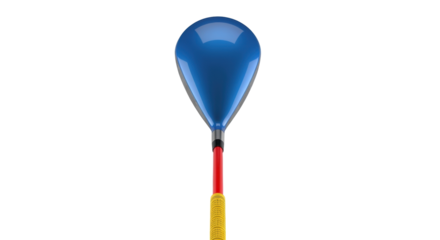 Isolated blue golf club driver with red shaft and yellow grip for driving range sports
