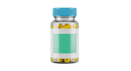 Isolated glass jar of yellow pills with turquoise lid for medical or nutritional purposes