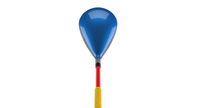 Isolated blue golf club driver with red shaft and yellow grip for driving range sports