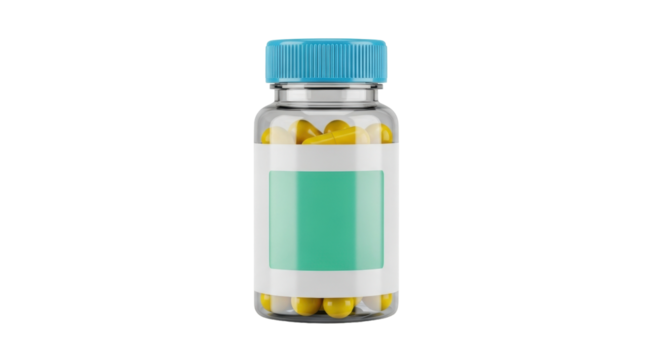 Isolated glass jar of yellow pills with turquoise lid for medical or nutritional purposes