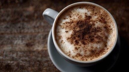A warm cappuccino topped with frothy milk and cinnamon presented in a white mug on a rustic wooden table