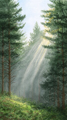 Obraz premium Breathtaking Forest Scene Illuminated by Sunlight: A Serene Nature Escape Captured in Watercolor Art that Invites You to Explore and Breathe in the Beauty of the Wilderness.