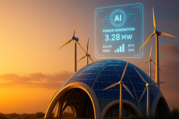 Innovative Energy: A futuristic energy facility, merging solar and wind power generation under a clear, sunset sky, highlighting innovation and sustainability.