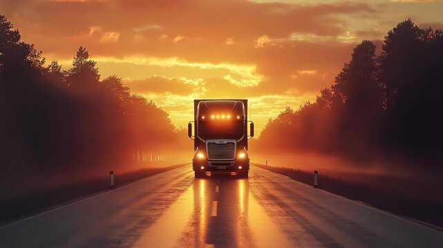 Powerful truck driving on wet highway at dramatic sunset with glowing headlights, symbolizing logistics, transport, road trip, shipping industry, business cargo, delivery, and long-distance travel.