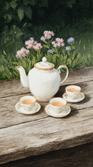A Serene Tea Setting with Exquisite Porcelain Teapot and Cups Surrounded by Vibrant Flora &mdash; A Perfect Blend of Nature and Leisure for Your Afternoon Enjoyment
