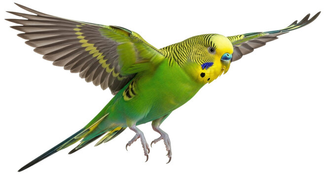 Isolated green and yellow budgerigar with wings spread ready to land on its feet in studio