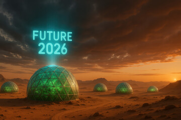 Martian Oasis: Glimpse into a future on Mars, where self-sustaining biodomes create life against an alien landscape.