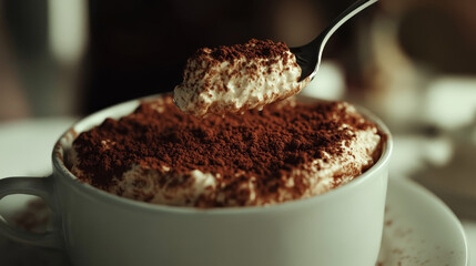 Rich tiramisu dessert in a cup, ready to be savored. A creamy and decadent treat.