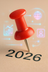 Pinpoint to 2026: A single pushpin marks the year 2026 with a visionary overlay, inviting viewers to anticipate a future marked by innovation and forward-thinking strategy. 