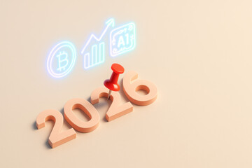 2026 Cryptocurrency and Investment Outlook: The year 2026 is highlighted by a red pin, accompanied by icons representing cryptocurrency, rising stock graphs, and artificial intelligence.