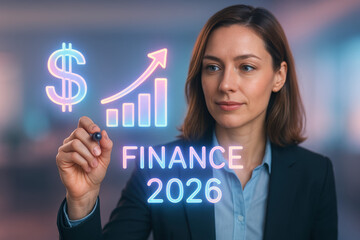 Financial Vision for 2026: A determined professional sketches out the future with a financial vision for 2026.  This image represents financial forecasting, ambition, and economic strategies. 