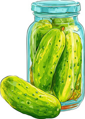 Fresh cucumbers in a clear jar preserved for a tasty snack or garnish isolated on transparent background. Vector illustration.