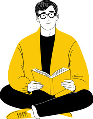 A man reading a book while sitting cross-legged in a cozy yellow sweater isolated on transparent background. Vector illustration.