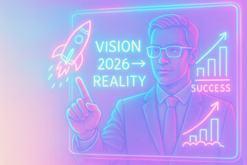 Vision 2026 to Reality: An illustration that blends futuristic tech with visionary goals. The illustration shows an individual pointing towards a rocket and growth charts.