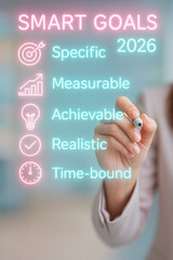 SMART Goals 2026: A hand gracefully traces the outline of SMART goals on a transparent surface, representing the path towards the future.
