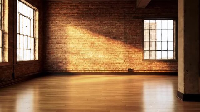 Dynamic Camera Movement Through a Bright Industrial Loft Studio with Sunlight and Brick Walls