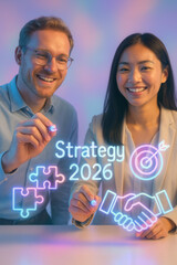 Vision of Strategy: Two professionals collaborate, bringing strategy into focus, with the innovative use of glowing neon icons. Illustrating unity, precision and forward-thinking approach. 