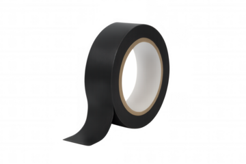 Black electrical insulation tape roll with adhesive properties, repairing and insulating on a transparent background