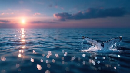 Whale Tail Splashing in Azure Ocean During Golden Hour Sunset Reflective Water