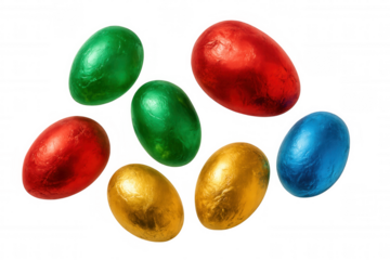 Chocolate eggs wrapped in red, green, gold, and blue foil, celebrating easter and spring holidays on a transparent background