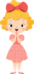 Happy girl with curly hair and pink dress excitedly claps her hands isolated on transparent background. Vector illustration.