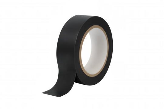 Black electrical insulation tape roll with adhesive properties, repairing and insulating on a transparent background