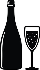  bottle of champagne and a glass of winealcohol silhouette vector