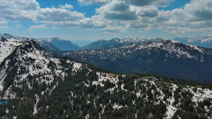 Rocky mountains in snow and green fir forest