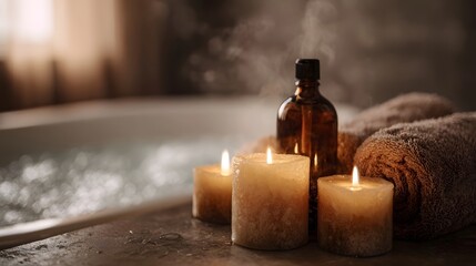 Warm glowing candles and essential oil bottle beside a steamy bathtub for a relaxing spa experience