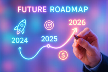 Charting the Future: A vibrant, futuristic roadmap design with the word FUTURE ROADMAP, with a hand pointing to 2026 year. It symbolizes plans, goals, and new beginning