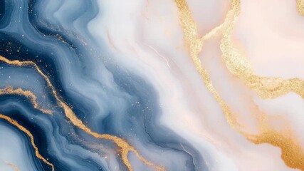 Elegant abstract liquid marble texture with flowing blue and white waves highlighted by shimmering golden veins, smooth flowing, creating a luxurious, modern, sophisticated artistic background design. - Powered by Adobe