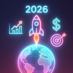 Digital Growth: A vibrant illustration showcases a rocket launching from a radiant earth, symbolizing forward progress and the anticipation of the year 2026, accompanied by key indicators of success.