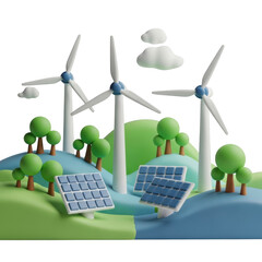 Sustainable Green Energy Wind Turbines and Solar Panels in a Hilly Landscape 3D Render