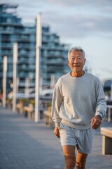 Active Mature Man Jogging Outdoors on a Waterfront Promenade in a Cityscape