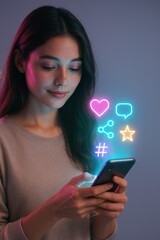 Digital Connection: A young woman engrossed in her smartphone, surrounded by glowing social media symbols, representing the modern interconnected world. 
