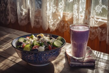 Mediterranean-Inspired Salad with Fresh Vegetables and Blueberry Smoothie on Rustic Table