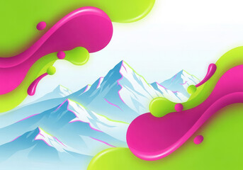 Vibrant abstract paint splashes frame snowy mountain peaks landscape