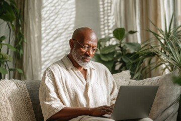 Middle-Aged Man in Casual Attire Working from Home on a Laptop