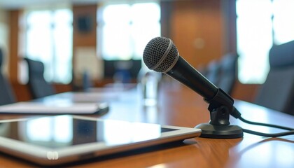 Side view of microphone and tablet computer placed on meeting table in conference room.