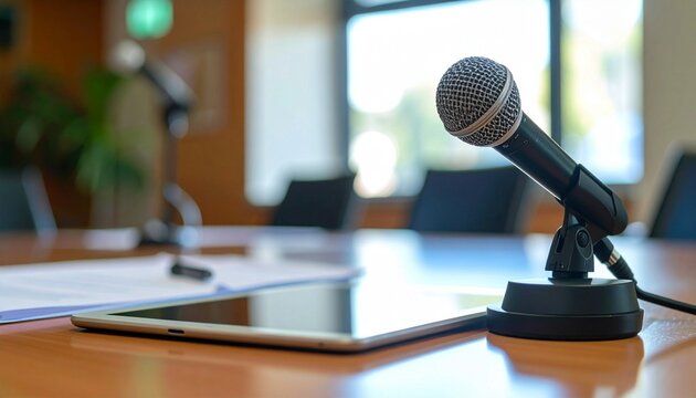 Side view of microphone and tablet computer placed on meeting table in conference room.