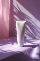 White Tube of Moisturizer Displayed Against Soft Lilac Background in Floral Shadows