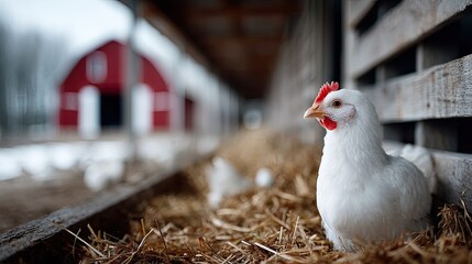 White Chicken Perched in Straw Nest with Red Barn Background under Soft Natural Light on a Farm