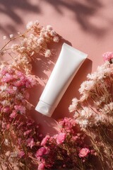 Minimalistic Beauty Concept Featuring a Tube of Cream Surrounded by Dried Flowers on Soft Background