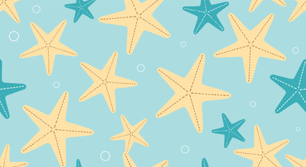 A repeating pattern of yellow and blue starfish with bubbles on a light blue background.