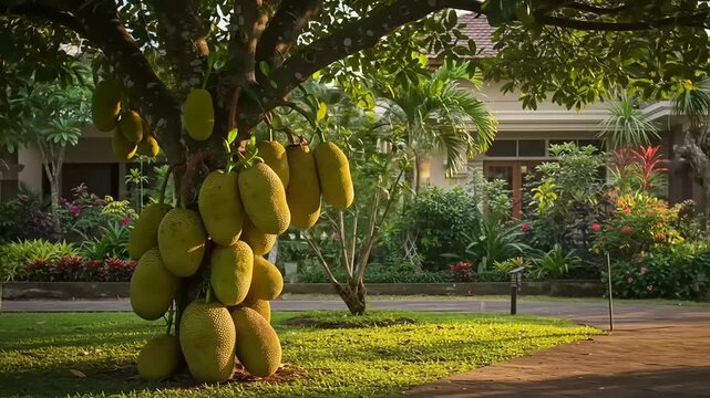 Jackfruit Tree Abundant with Fruit in a Lush Garden Setting.