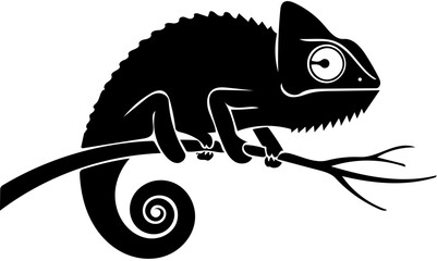 Chameleon Lizard on Branch Black Silhouette Vector Icon